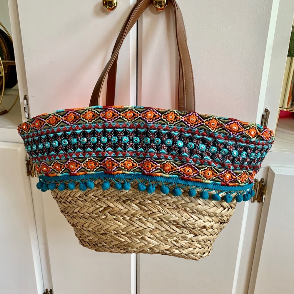 Sun N Sand Straw Bag with Blue Pom Poms
